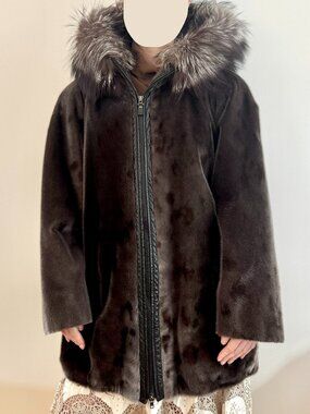 Genuine Sealskin Fur Coat Hooded Fox Spotted Vintage Seal Vogue Furrier Vtg XL